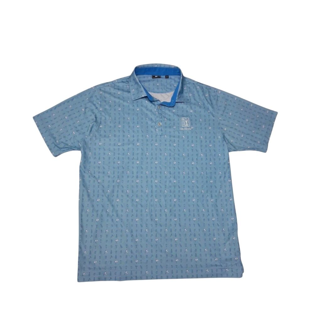 Fj Footjoy Mens Large Polo Shirt Blue All Over Drinks TPC San Antonio